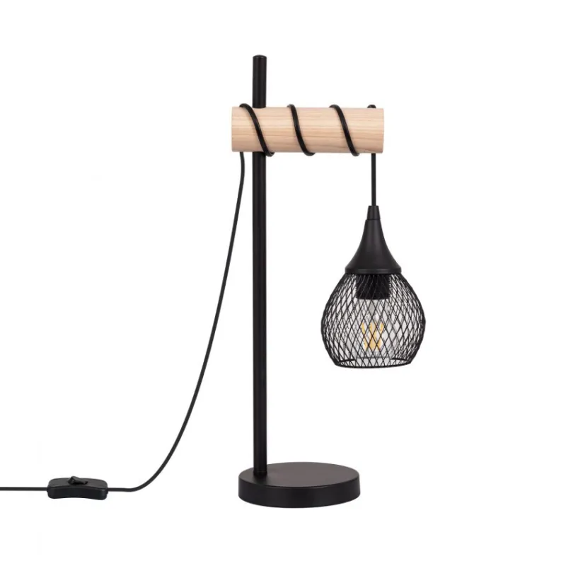 lampe de table tete suspendu noire et bois grille vintage culot e27