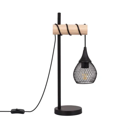 lampe de table tete suspendu noire et bois grille vintage culot e27