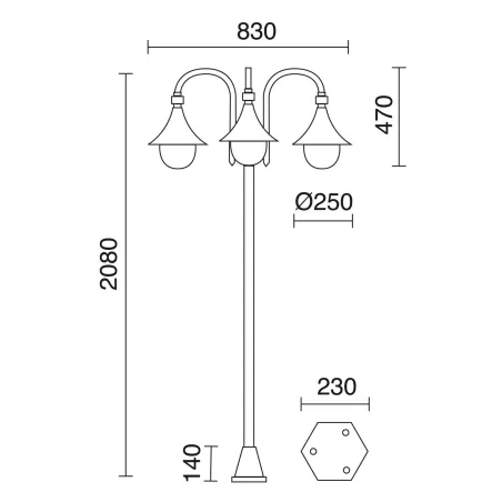 Lampadaire 3L. TROM IP43 E27 Noir.