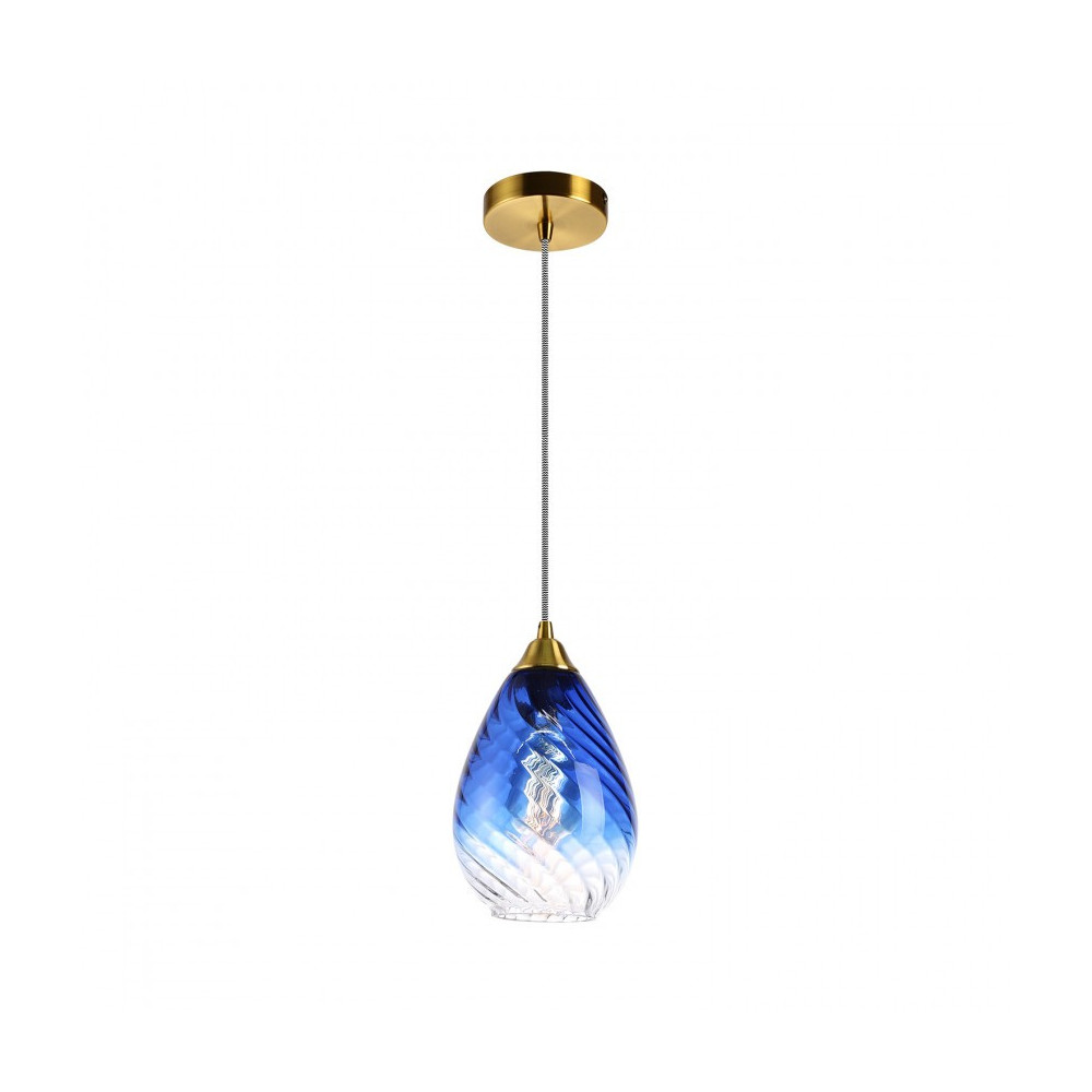 Suspension luminaire suspendu verre bleu foncé et acier doré culot e27