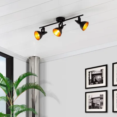 applique plafonnier triple tètes patère orientable noir reflecteur doré culot e14