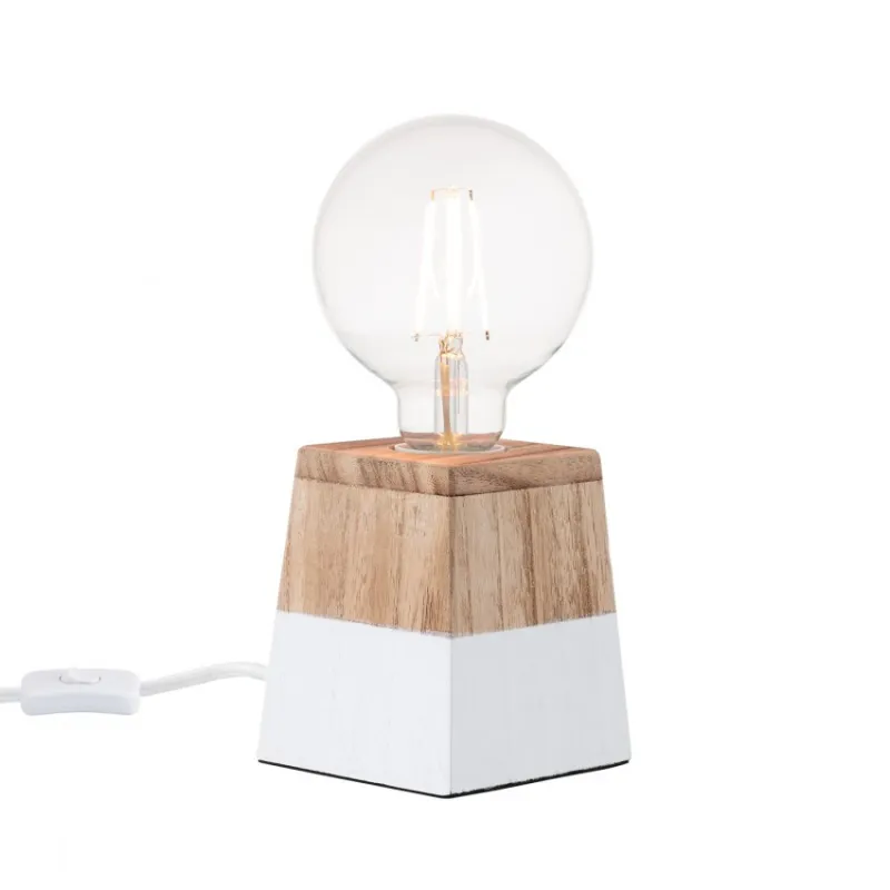 Lampe de table pied bois socle blanc-culot e27