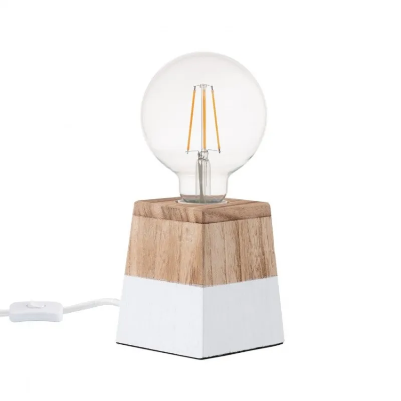 Lampe de table pied bois socle blanc-culot e27