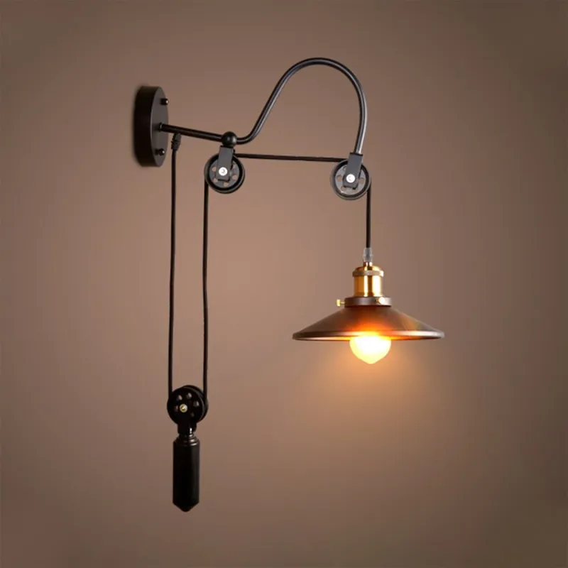 Applique murale noir culot e27 effet retro sur poulie