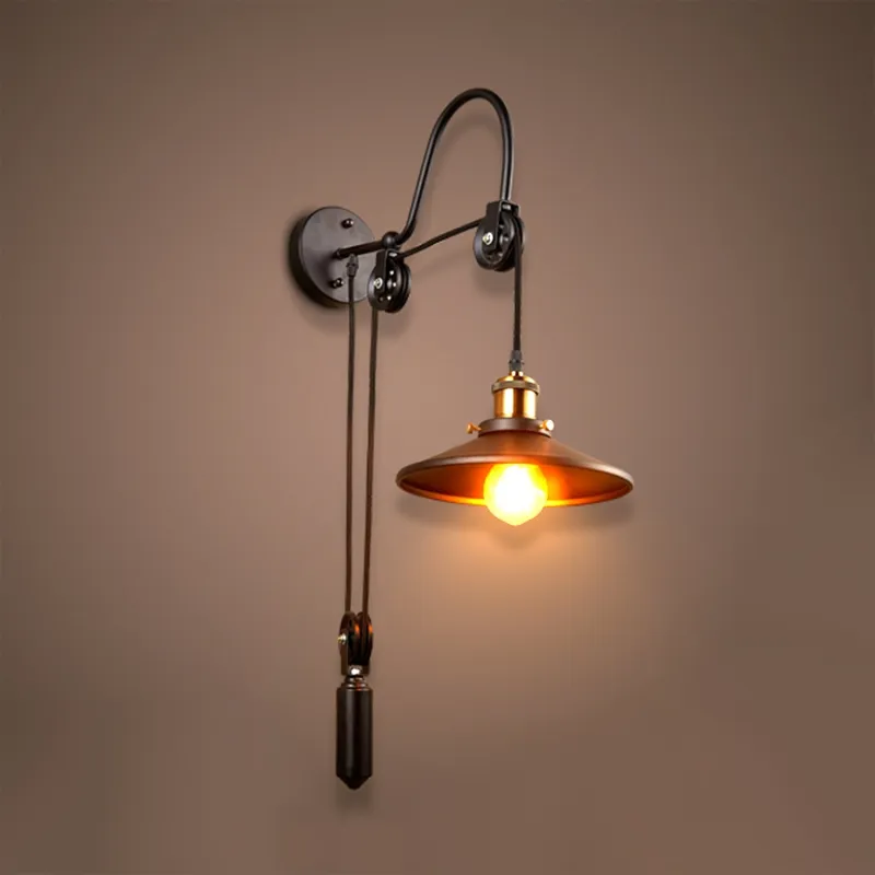 Applique murale noir culot e27 effet retro sur poulie