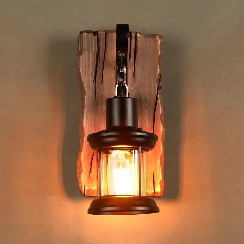Applique murale noire culot e27 effet lanterne retro bois et métal