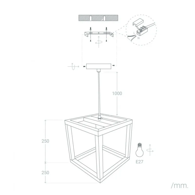 Plafonnier suspension cube bois culot e27 fixation blanche