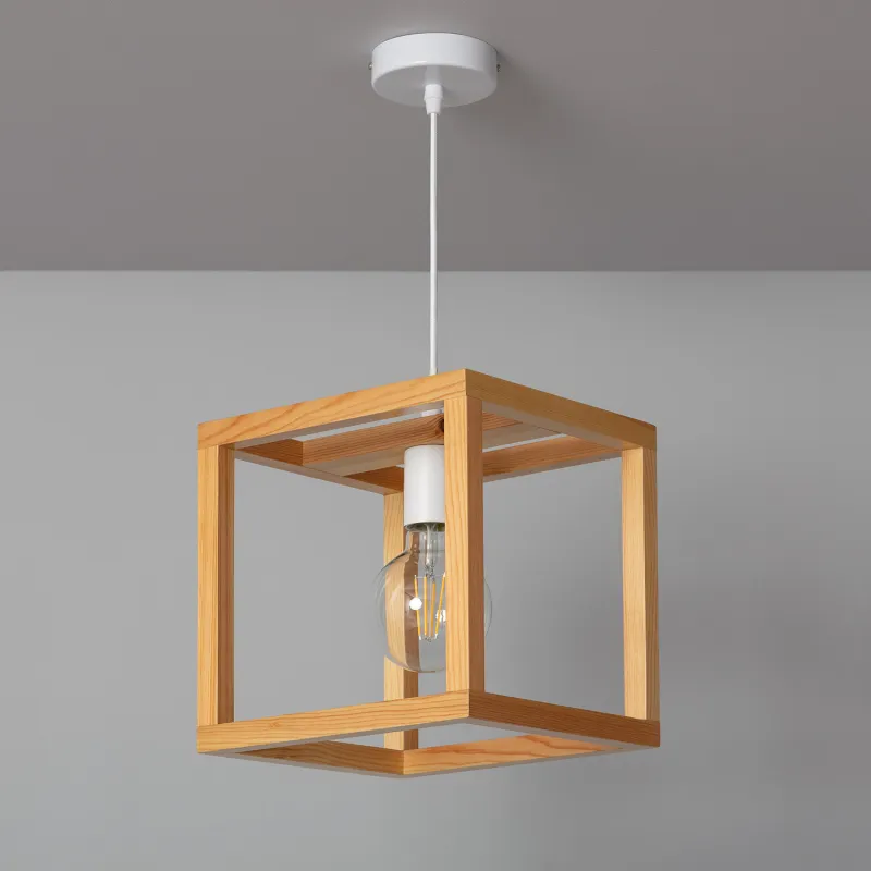 Plafonnier suspension cube bois culot e27 fixation blanche