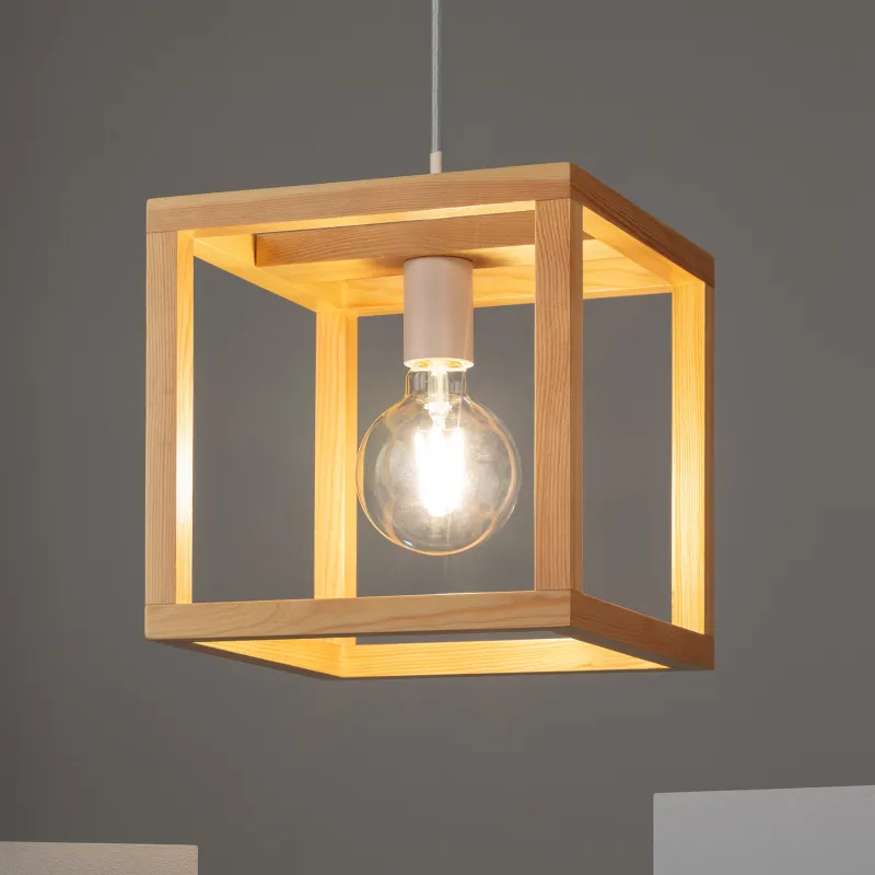 Plafonnier suspension cube bois culot e27 fixation blanche