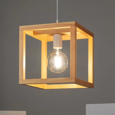 Plafonnier suspension cube bois culot e27 fixation blanche