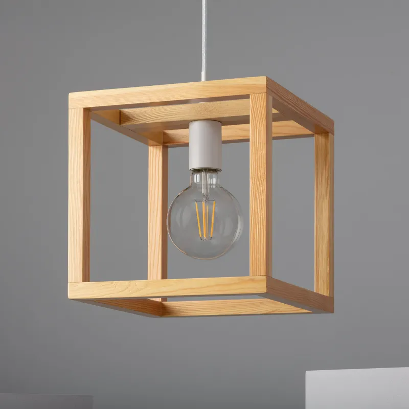 Plafonnier suspension cube bois culot e27 fixation blanche