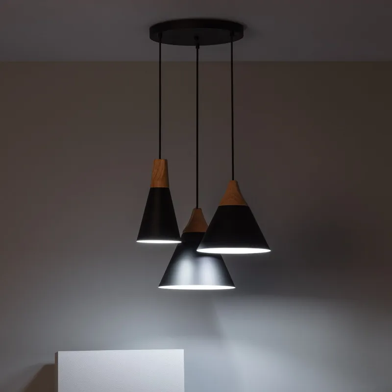 Plafonnier triple suspensions bois et métal noir culot e27