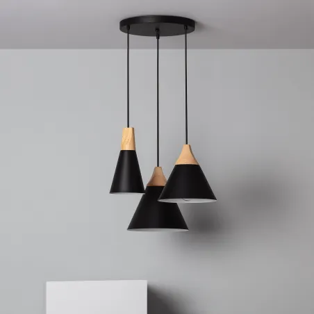 Plafonnier triple suspensions bois et métal noir culot e27