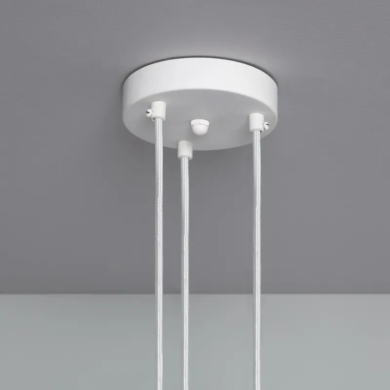 Plafonnier triple suspensions bois et métal blanc culot e27
