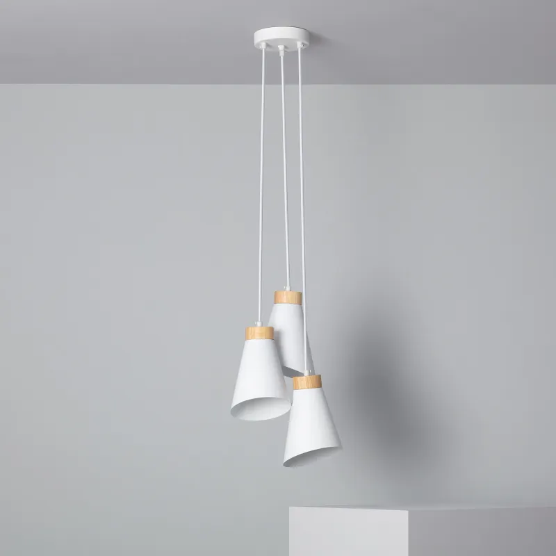 Plafonnier triple suspensions bois et métal blanc culot e27