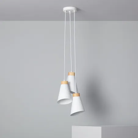Plafonnier triple suspensions bois et métal blanc culot e27