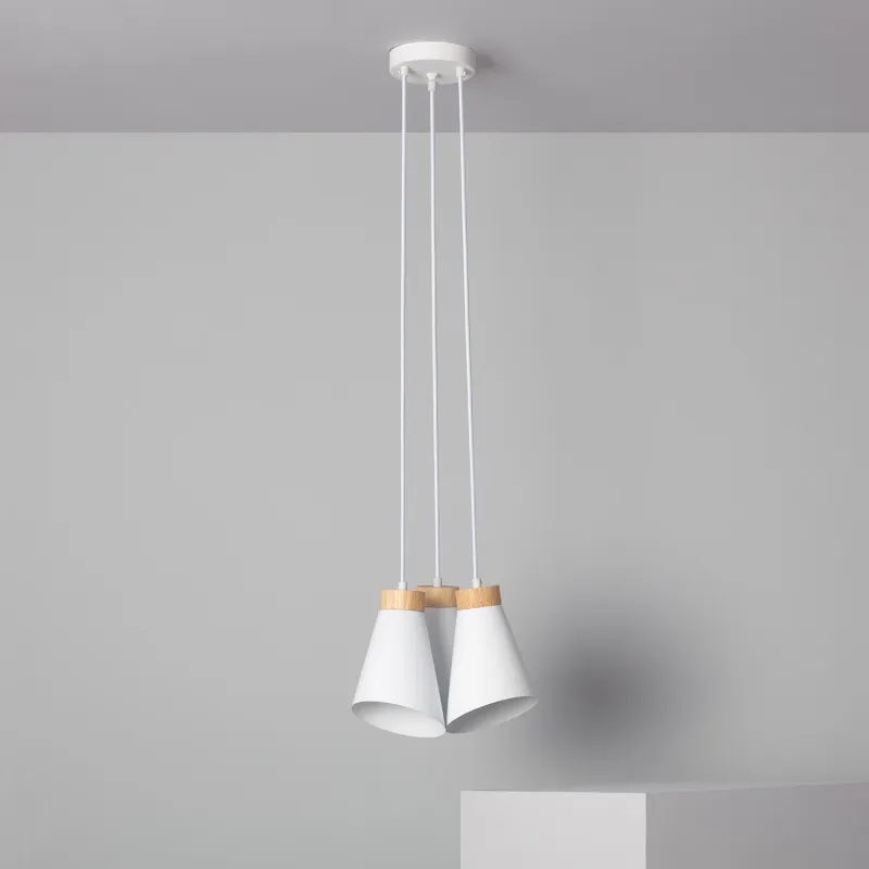Plafonnier triple suspensions bois et métal blanc culot e27
