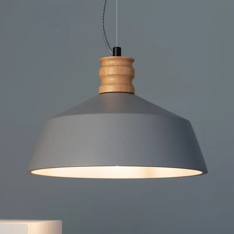 Plafonnier suspension cloche culot e27 béton gris et fixation métal noir