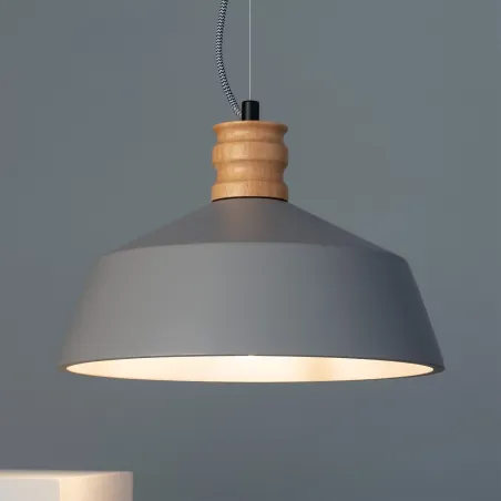 Plafonnier suspension cloche culot e27 béton gris et fixation métal noir