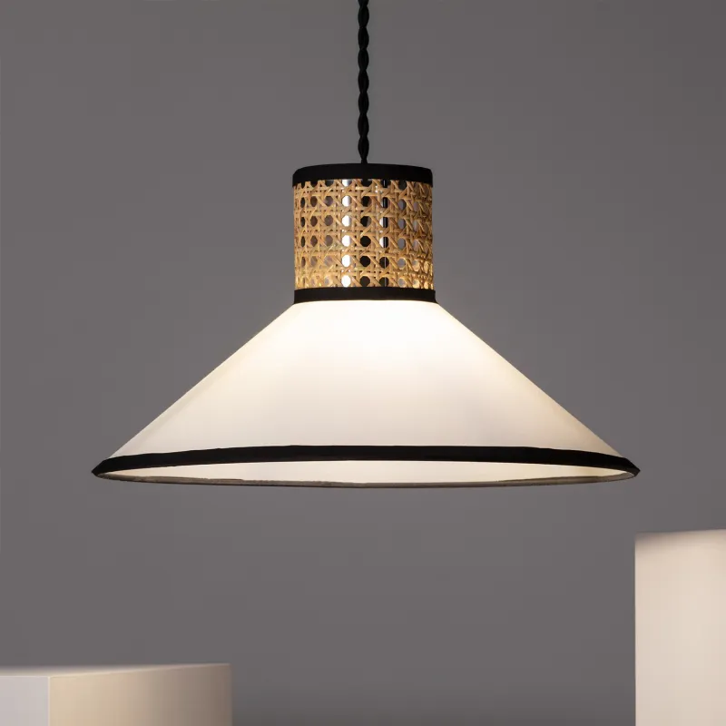 Plafonnier suspension cloche culot e27 rotin et abat-jour blanc