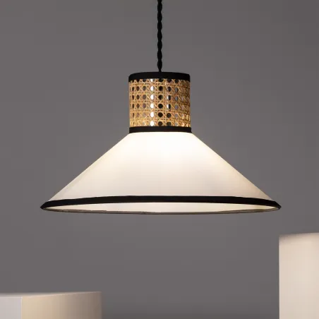 Plafonnier suspension cloche culot e27 rotin et abat-jour blanc