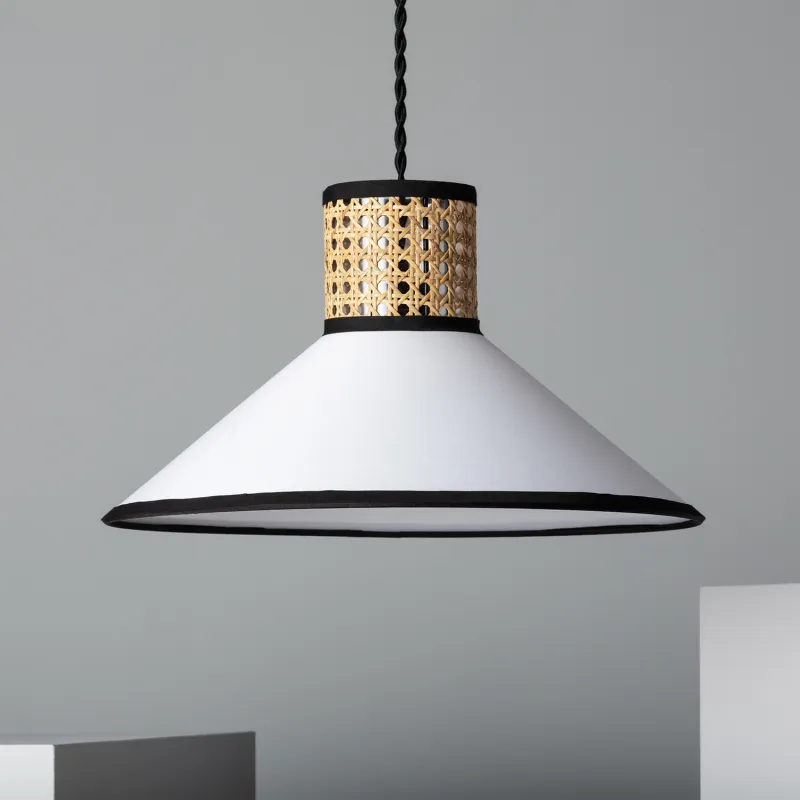 Plafonnier suspension cloche culot e27 rotin et abat-jour blanc