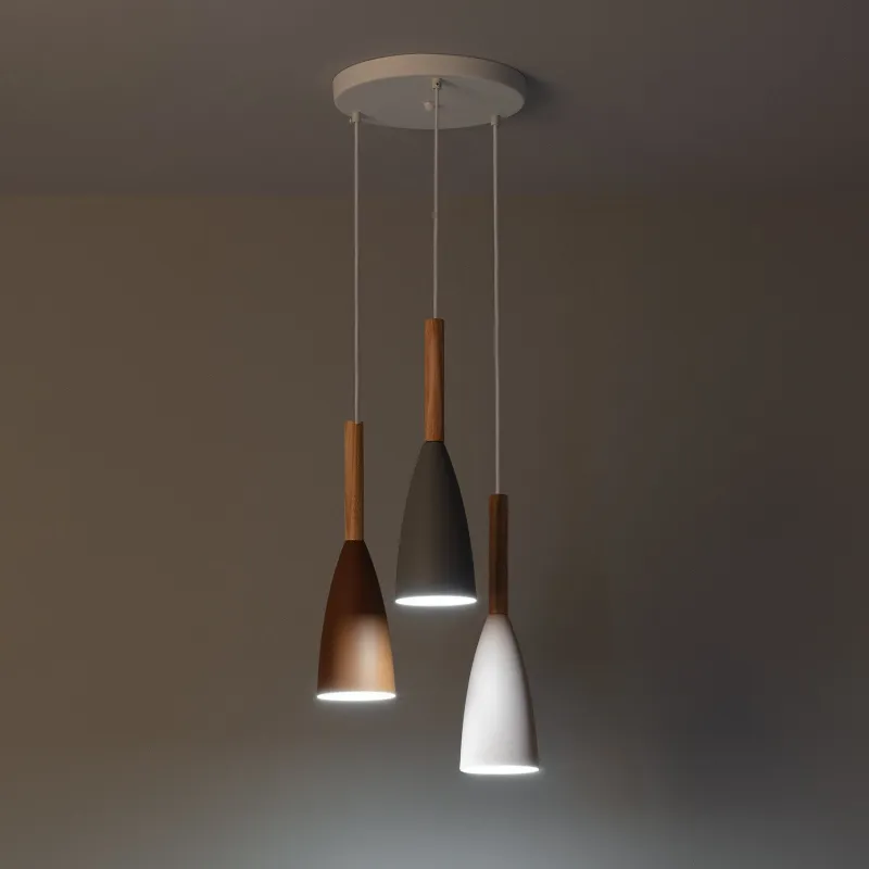 Plafonnier triple suspensions bois et métal culot e27