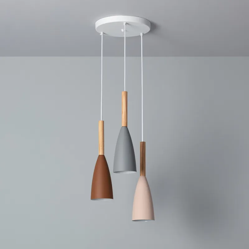 Plafonnier triple suspensions bois et métal culot e27