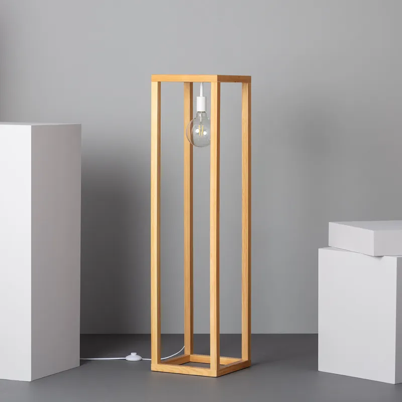 Lampadaire a poser cube bois douille blanche suspendu culot e27