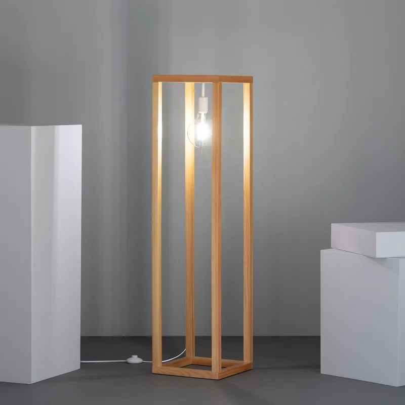 Lampadaire a poser cube bois douille blanche suspendu culot e27