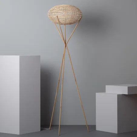 Lampadaire a poser bois rotin douille culot e27