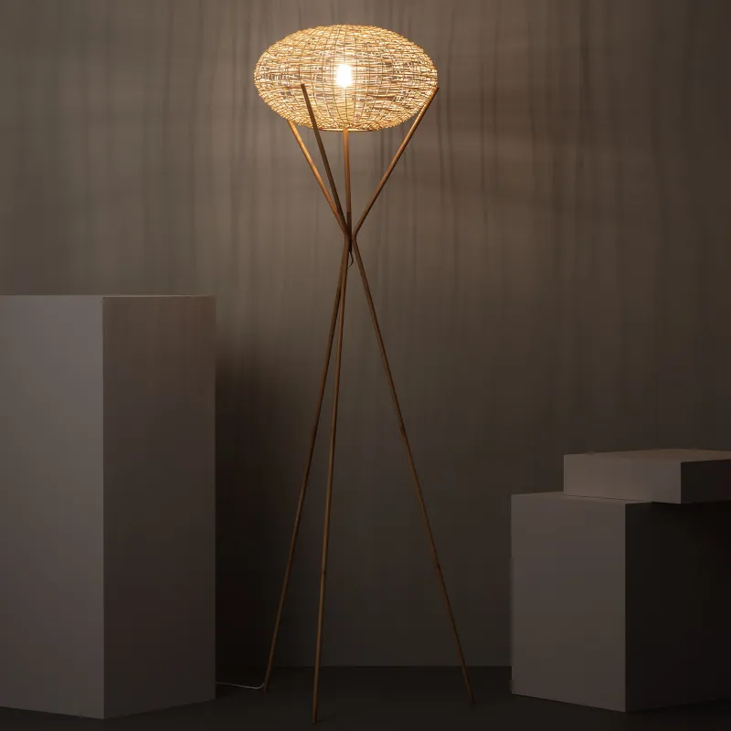 Lampadaire a poser bois rotin douille culot e27