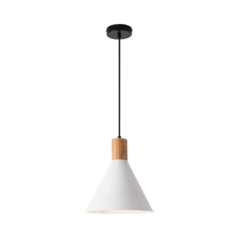 Plafonnier suspension métal blanc et bois culot e27