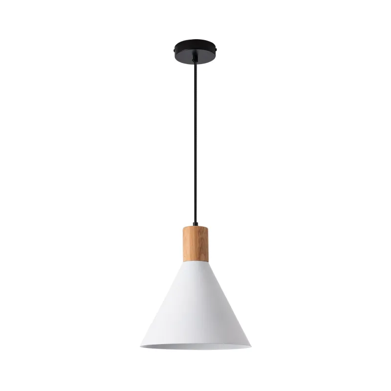 Plafonnier suspension métal blanc et bois culot e27