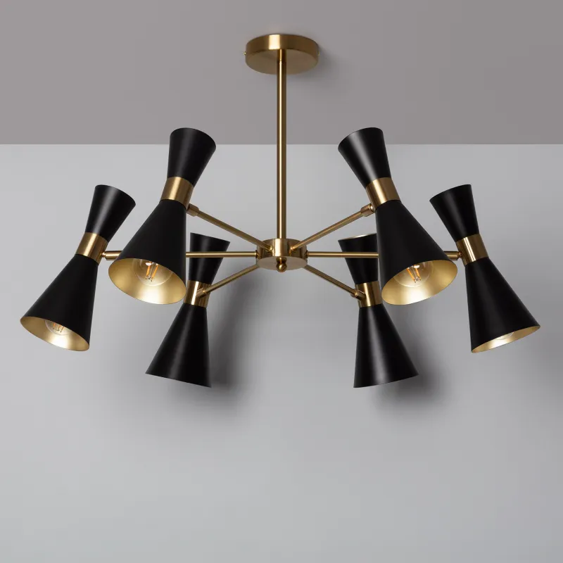 Plafonnier 6 têtes orientable métal noir et doré culot e27