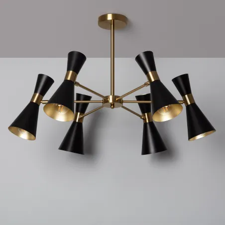 Plafonnier 6 têtes orientable métal noir et doré culot e27