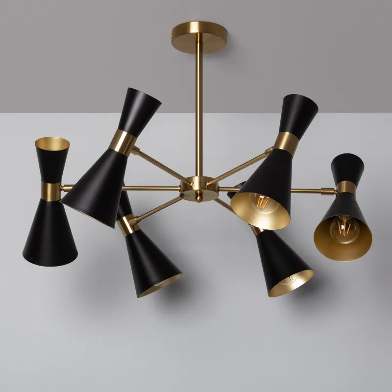 Plafonnier 6 têtes orientable métal noir et doré culot e27