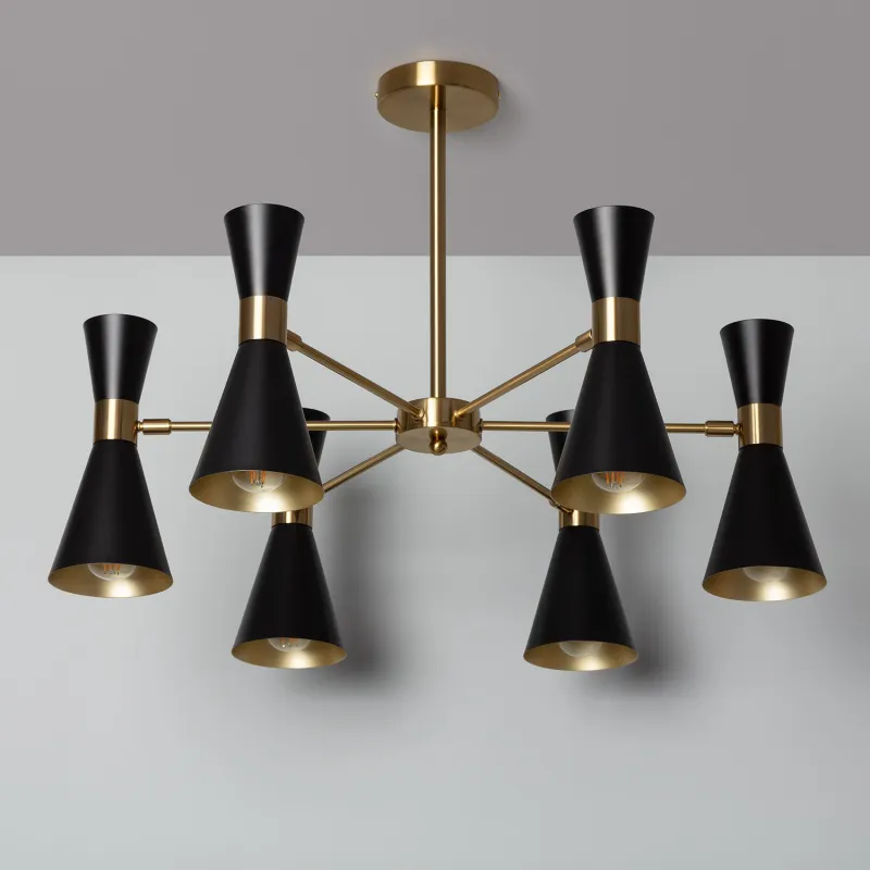 Plafonnier 6 têtes orientable métal noir et doré culot e27