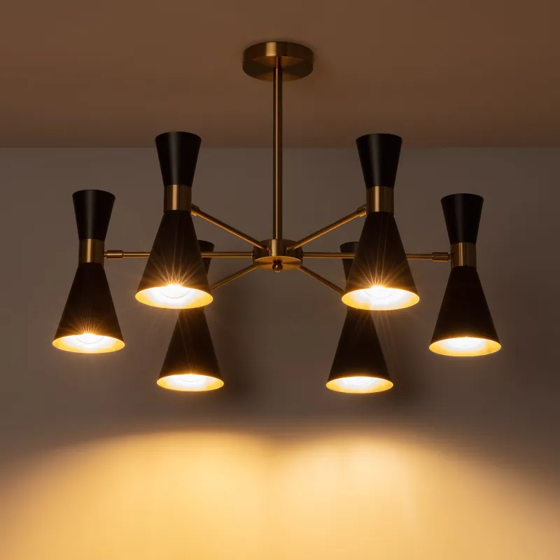 Plafonnier 6 têtes orientable métal noir et doré culot e27