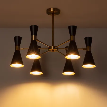 Plafonnier 6 têtes orientable métal noir et doré culot e27