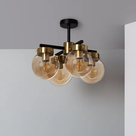Plafonnier 4 têtes bras métal noir et boules verre culot e27