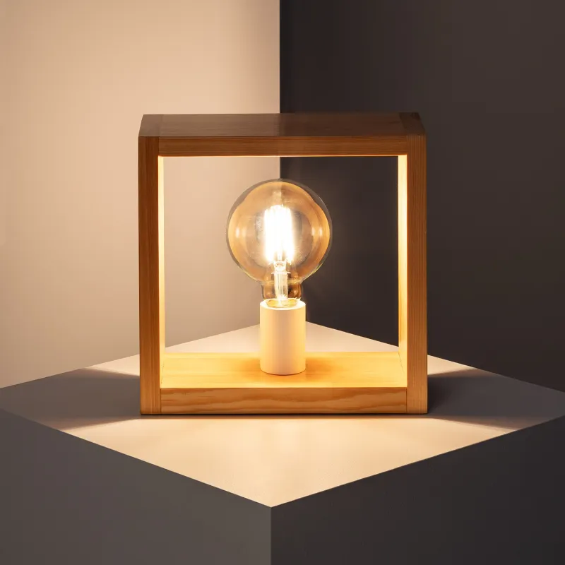 Lampe de chevet cube bois culot e27 bureau