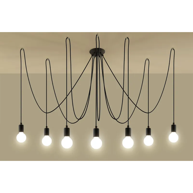 Suspension EDISON 7, acier/câble textile noir, E27 - Pas cher