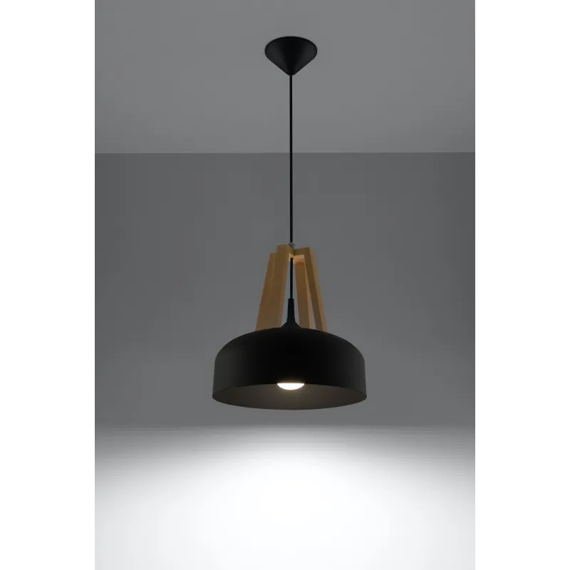 Suspension CASCO, acier/bois/plastique, noir/bois naturel, E27 - Pa...
