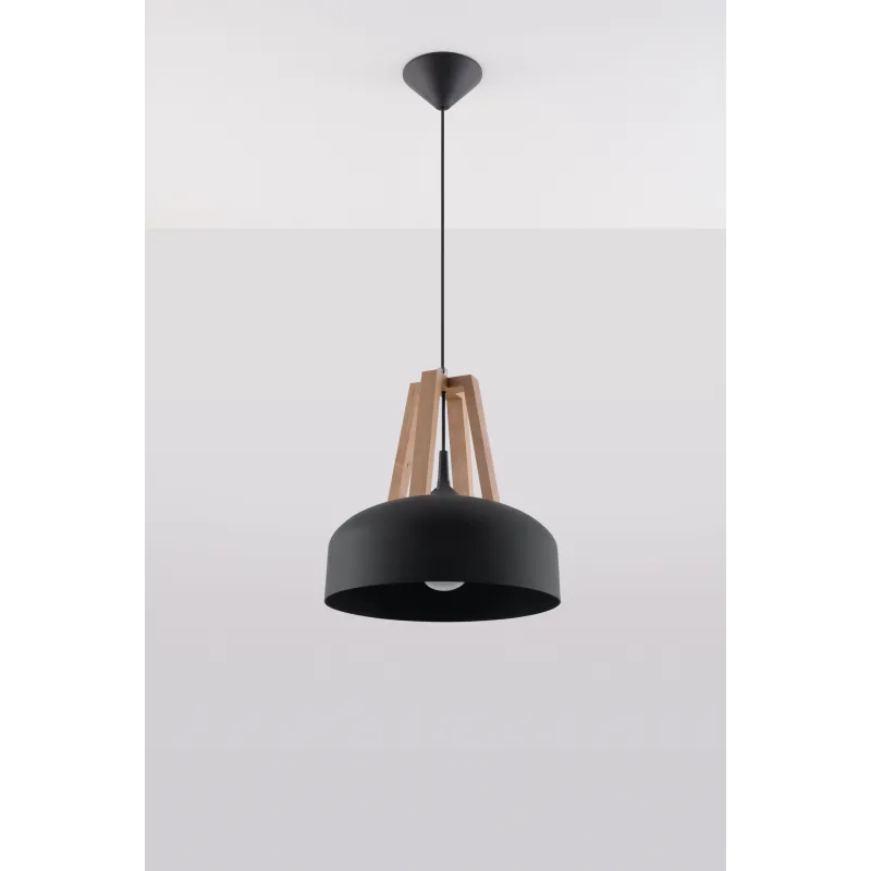 Suspension CASCO, acier/bois/plastique, noir/bois naturel, E27 - Pa...