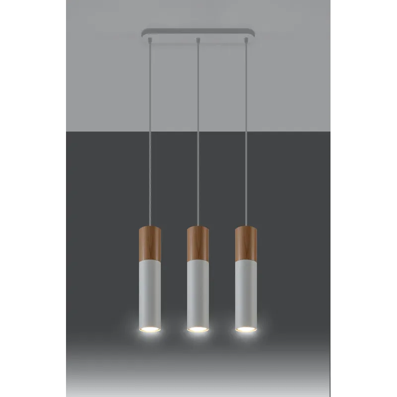 Suspension PABLO 3, acier/bois, blanc/naturel, GU10 - Pas cher