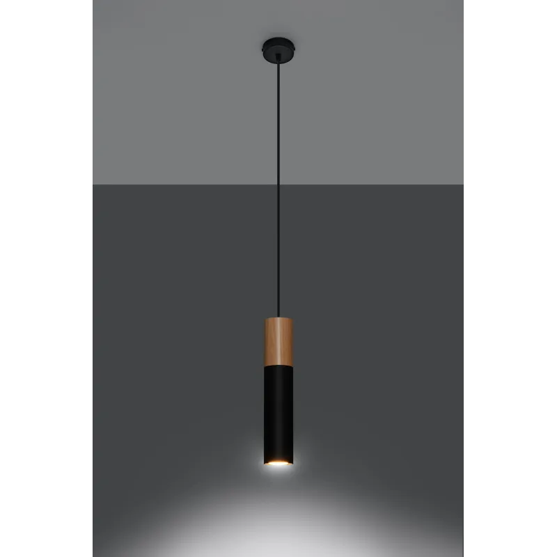 Suspension PABLO, acier/bois, noir/naturel, GU10 - Pas cher