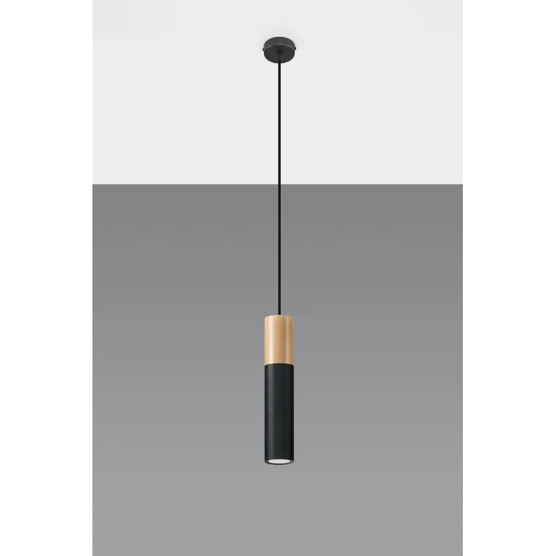 Suspension PABLO, acier/bois, noir/naturel, GU10 - Pas cher