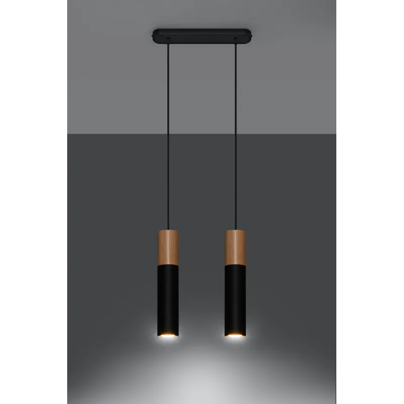 Suspension PABLO 2, acier/bois, noir/naturel, GU10 - Pas cher