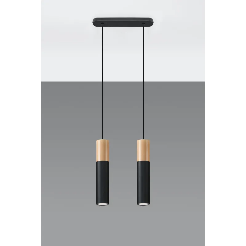 Suspension PABLO 2, acier/bois, noir/naturel, GU10 - Pas cher